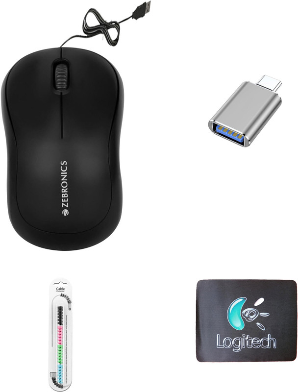 Zebronics Comfort Mouse, C-Otg, Mousepad, Cable Protector (Set Of 4) Combo Set(Multicolor)