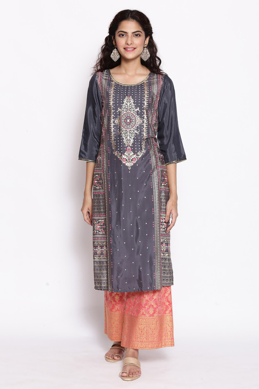 Aurelia Women Printed Straight Kurta(Grey)