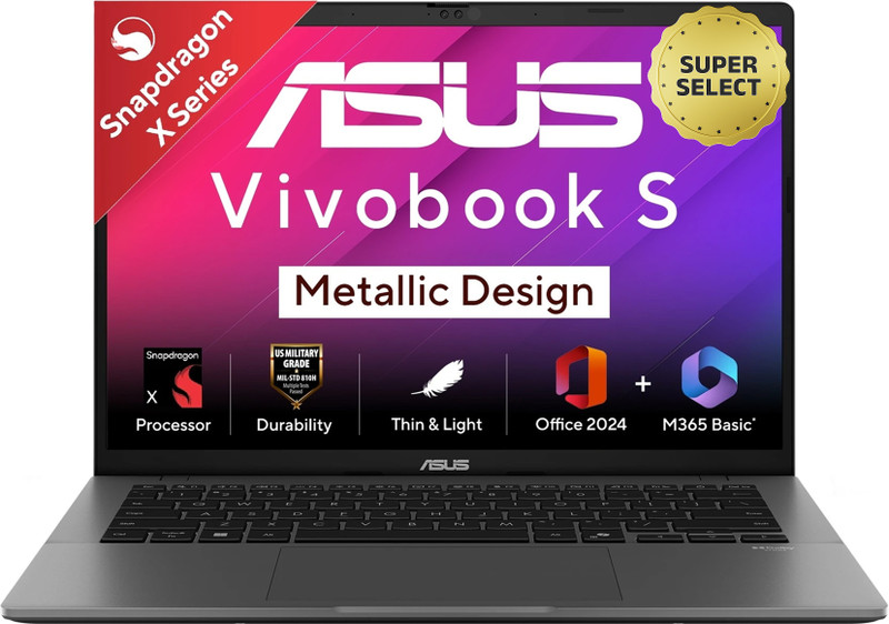 Asus Vivobook S14 (2025) With Office 2024 + M365 Basic*, Metallic Design, Copilot+ Pc Qualcomm Snapdragon X – (16 Gb/512 Gb Ssd/Windows 11 Home) S3407Qa-Kp027Ws Thin And Light Laptop(14 Inch, Matte Gray, 1.39 Kg, With Ms Office)