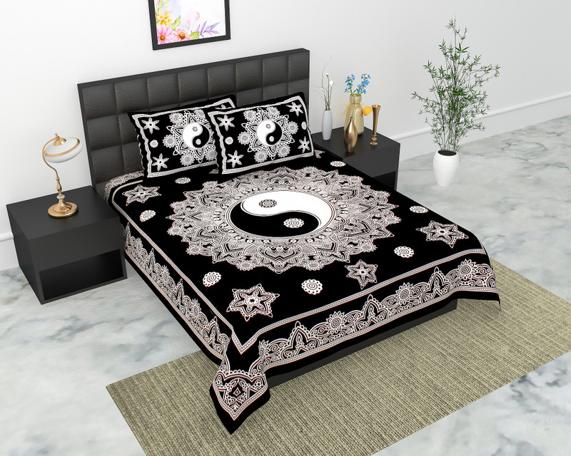 Sugun Cotton Double Flat 104 Tc Jaipuri Prints Bedsheet(Pack Of 1, Black)