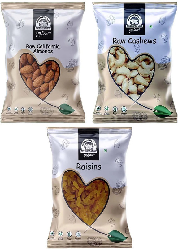 Wonderland Foods Hand Picked Premium Combo Of Platinum Almonds, Cashews, Raisins(3 X 250 G)