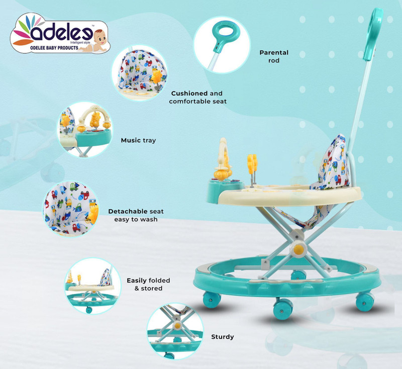 Odelee Musical Activity Walker With Parent Rod(Green, Beige)