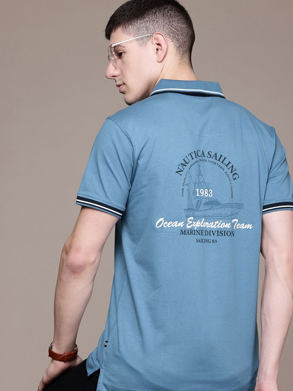 Nautica Printed Men Polo Neck Blue T-Shirt