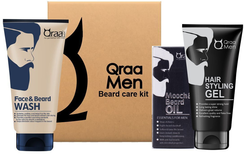 Qraa Beard Care Kit -Mooch & Beard Oil-For Hair Growth,Face And Beard Wash And Hair Styling Gel For Men(3 Items In The Set)