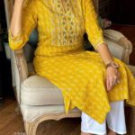 Fabrictextile Women Printed Straight Kurta(Yellow)