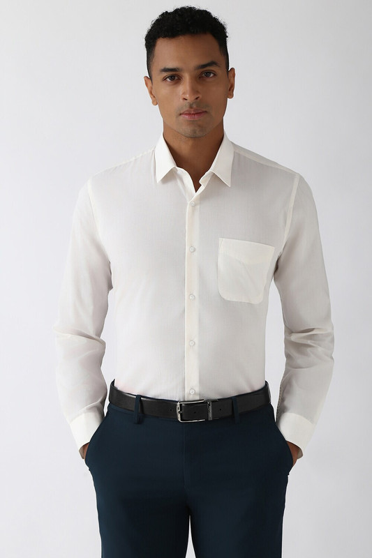 Peter England Men Solid Formal Cream Shirt