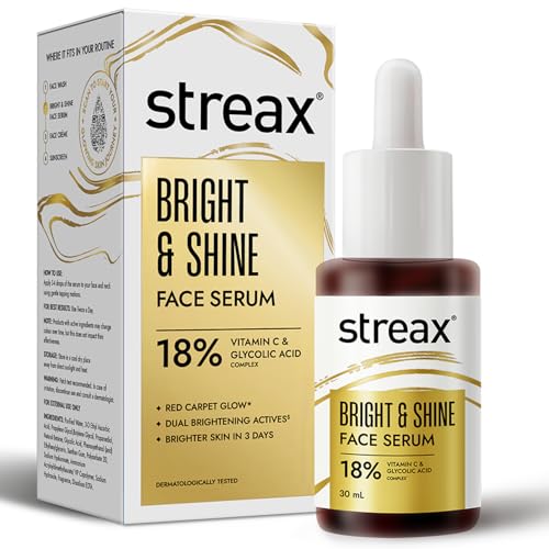 Streax Vitamin C Face Serum, 30 Ml | 10% Vitamin C | Dark Spots Reduction | Brighter Skin In 3 Days | Serum For Glowing Skin | Brightening Serum | Bright & Shine Face Serum