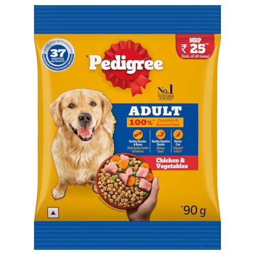 Pedigree Adult Dry Dog Food, Chicken & Vegetables, 90G, Contains 37 Essential Nutrients, 100% Complete & Balanced Food For Adult Dogs