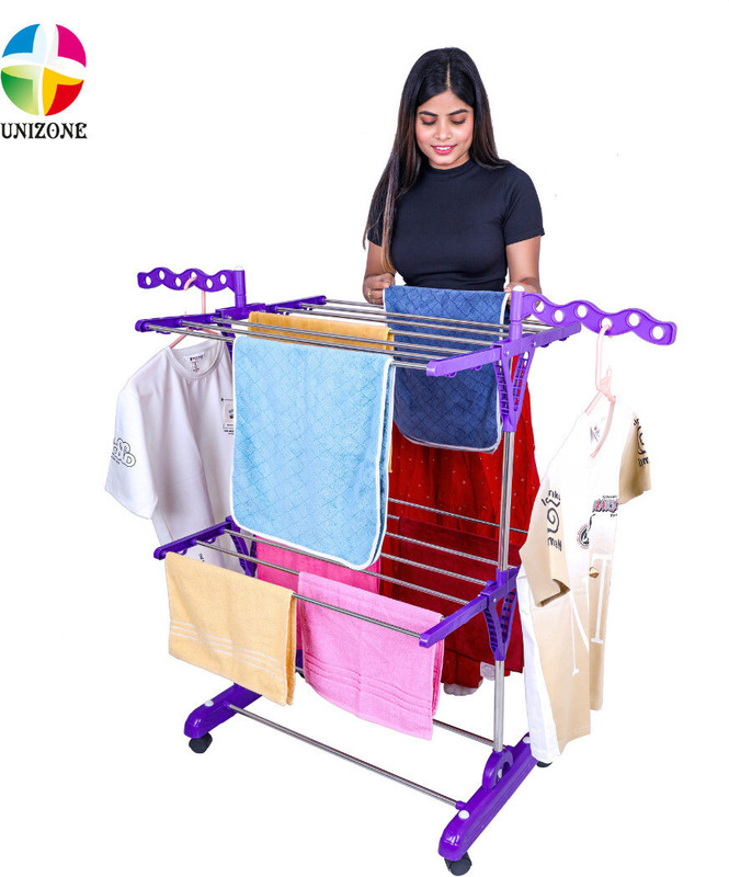 Unizone Steel, Plastic Floor Cloth Dryer Stand Foldable Cloth Drying Stand 2-Tier | Cloth Stand Steel With Wave Wings & Wheels(2 Tier)