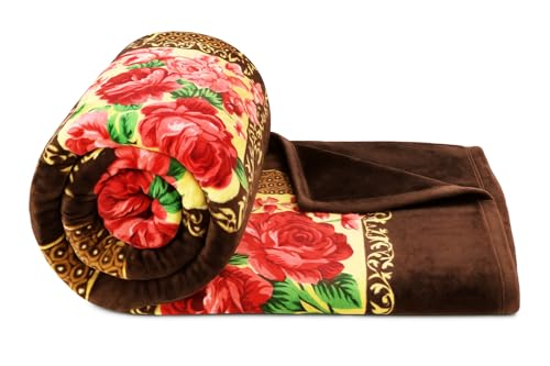 Bsb Home Premium Super Soft Cloudy Printed Mink Single Bed Blanket For Mild Winter/Heavy Winter, Ultrasoft & Cozy Single Ply Blanket | | 152 X 228 Cm (Brown & Pink Rose Printed, Weight 1100 Grams)