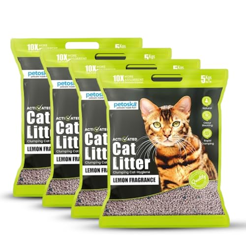 Petoska Cat Litter- 20Kg | Lemon Fragrance | Scoopable Bentonite Clay Cat Litter | Advanced Clumping Scented Litter Sand | 99.9% Dust Free | Natural | Odour Control Pack Of 4