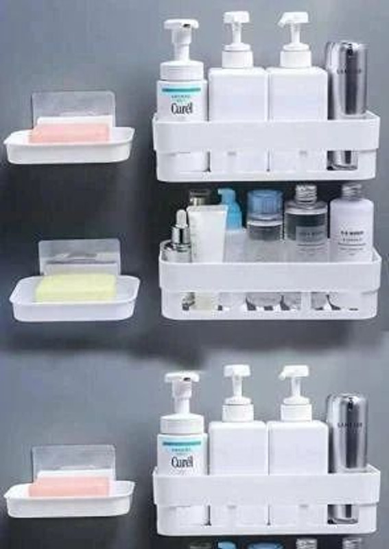 Kyaso 3 Pcs Shelves + 3 Pcs Soap Dish Abs Plastic Bathroom Accessories(White)