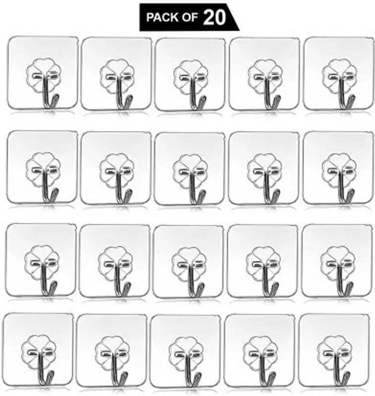 Pyorit Transparent Self Adhesive Waterproof Wall Hooks For Bathroom And Kitchen Hook 20(Pack Of 20)