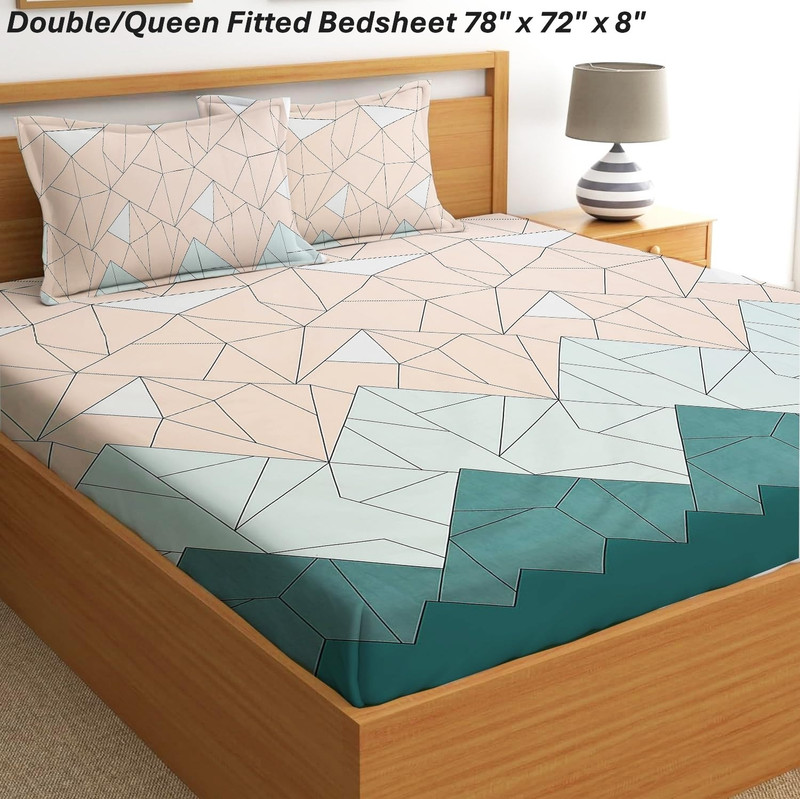 Fashancy Cotton Queen Fitted (Elastic) 300 Tc Geometric Bedsheet(Pack Of 1, Cream Line)
