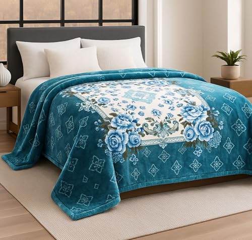 Bsb Home Supersoft Printed Mink Blanket For Heavy Winter – 600 Gsm Ultra Soft Luxurious Embossed Double Bed Blanket, Warm & Fluffy Cozy For Extreme Cold Weather (Teal & White, 230 X 220 Cm, 3.5 Kg)