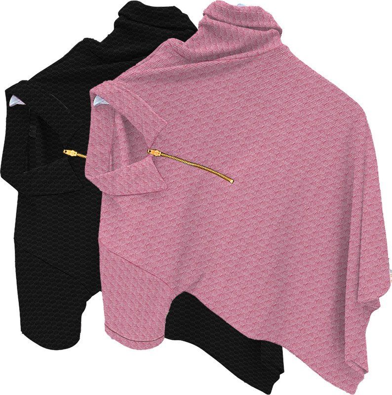 Kajaru Solid Men Zip Neck Black, Pink T-Shirt