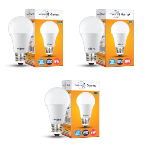 Wipro Garnet 9W Led Bulb For Home & Office |Cool Day White (6500K) | E27 Base|220 Degree Light Coverage |4Kv Surge Protection |400V High Voltage Protection |Energy Efficient | Pack Of 3