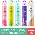 Godrej Petal Crush Pink, Musk After Smoke, Violet Velly Bloom, Morning Misty Meadow, Fresh Lush Green Spray Aer Spray 5 Bottle(5 X 220 Ml)