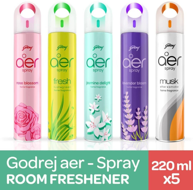 Godrej Petal Crush Pink, Musk After Smoke, Violet Velly Bloom, Morning Misty Meadow, Fresh Lush Green Spray Aer Spray 5 Bottle(5 X 220 Ml)