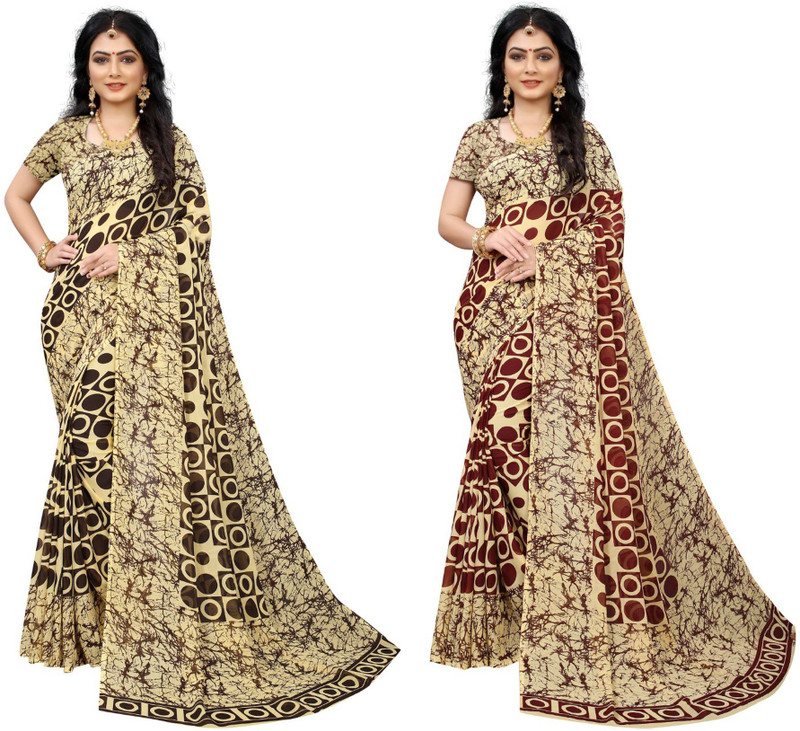 Kanooda Prints Printed Daily Wear Georgette Saree(Pack Of 2, Multicolor)