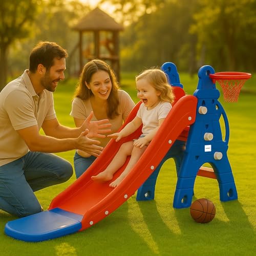 Amazon Brand – Solimo Modern Castle Slide With Basketball For Indoor & Outdoor Use | Kids 2-8Years Old | Safe & Fun |Toy For Kids |Easy Assembly |30Kg Weight Capacity, Multicolor