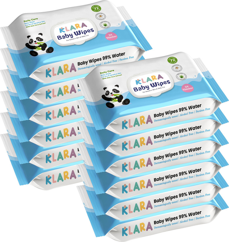 Klara 99% Pure Water Baby Wipes With Aloe Vera | Rash-Free & Paraben-Free | Pack Of 12(12 Wipes)