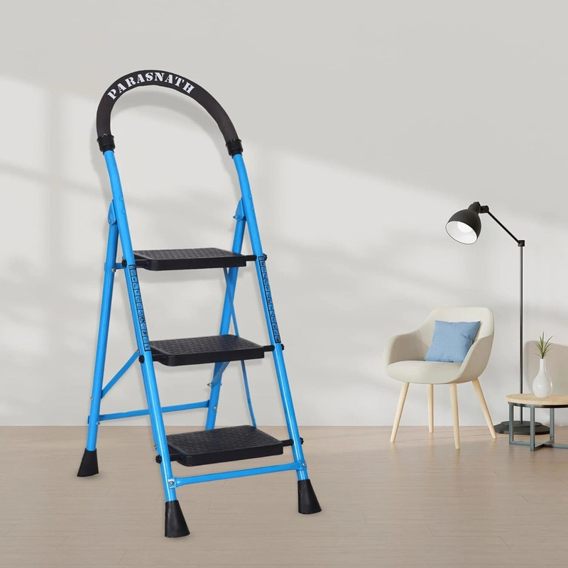 Parasnath 3 Step Goup Steel Foldable Step Ladder, Blue Steel Ladder