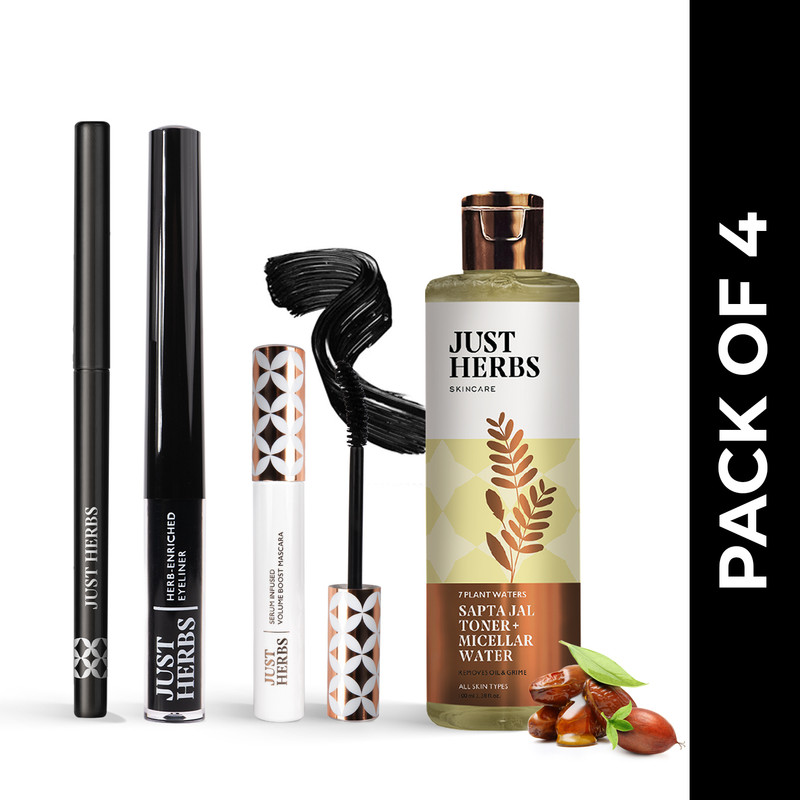 Just Herbs Eye Regime Combo Pack Of 4 | Kajal, Eyeliner, Mascara, Makeup Remover(Black, 150 G)