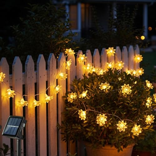 Homehop Solar Light Outdoor Garden 30 Led String Lotus Shape For Garden Balcony Terrace, Lawn Wall Waterproof Rechargeable Decorative Lamp Diwali Decoration Item (6.5 Meters,Warm Colour)