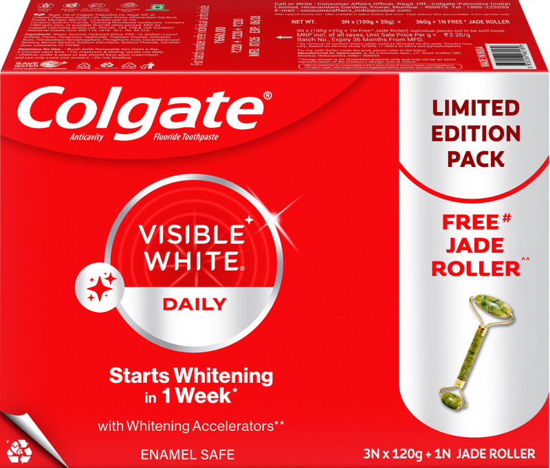 Colgate Visible White Teeth Whitening Toothpaste, 360G, 120G X 3 And Jade Roller Toothpaste(360 G, Pack Of 4)