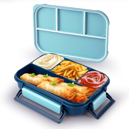 Attro Gourmet 4 Compartment Lunch Box Portable Meal Organizer For Office, School Bpa-Free, Food Grade, Freezersafe, Microwave & Oven Safe 1000Ml Blue, Plastic