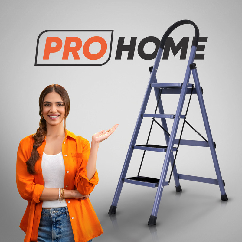Prohome 4 Step Vetro Foldable Steel Ladder For Home | 150Kg Capacity With Anti Slip Shoe Steel Ladder(With Platform)
