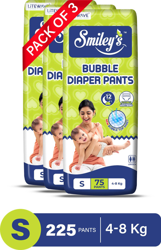 Litewave Smiley’S S Size Bubble Baby Diaper Pants Up To 12 Hours Protection | 4-8 Kg | – S(225 Pieces)