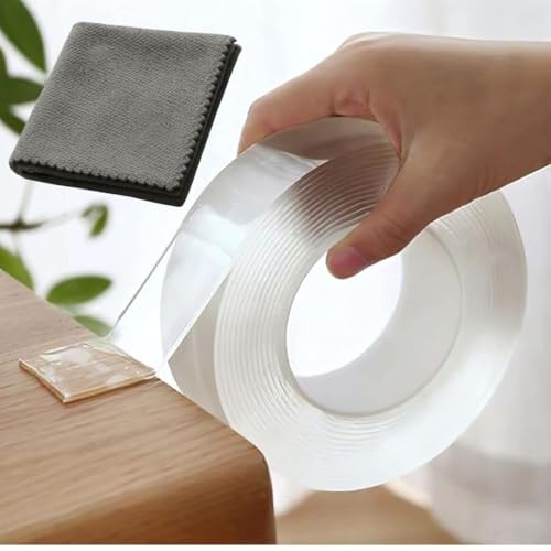 Uflow Double Sided 3M Tape Heavy Duty With 10 By 10 Cm Microfiber Cloth – Multipurpose Removable Traceless Mounting Adhesive Tape For Wall, Washable Reusable Strong Sticky Strips Grip Tape – Pack Of 2