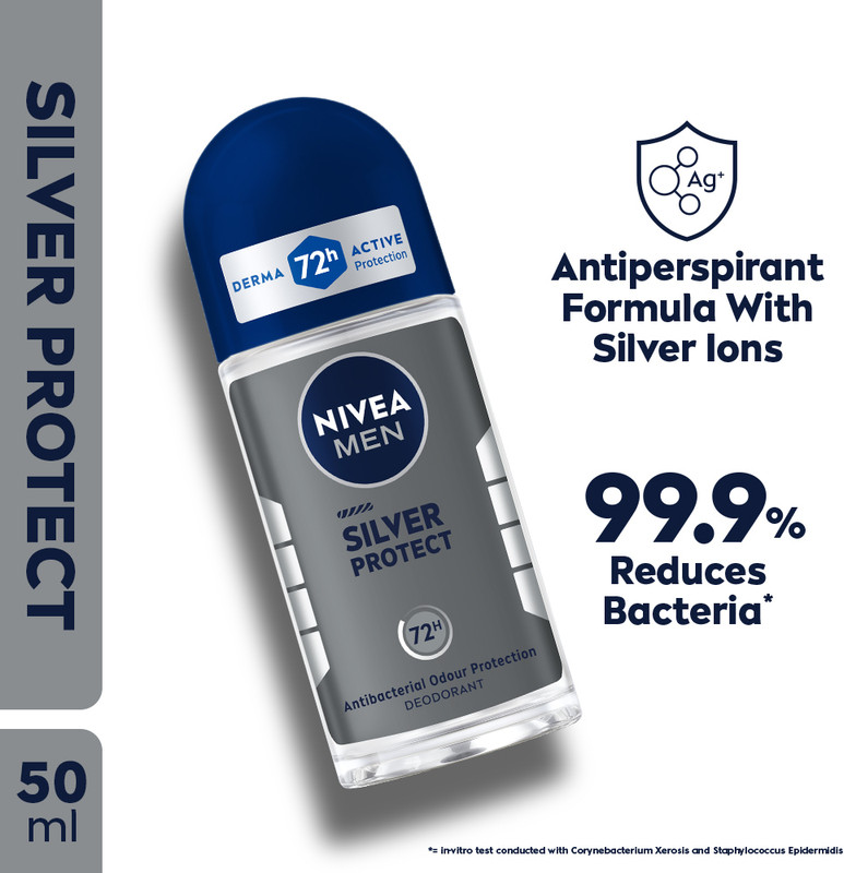 Nivea Men Silver Protect Roll On With Antibacterial 72H Protection, Reduces 99.9% Bacteria Deodorant Roll-On  –  For Men(50 Ml)