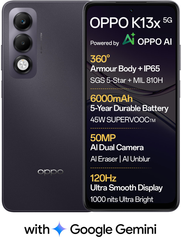 Oppo K13X 5G 6000Mah And 45W Supervooc Charger & Ai (Midnight Violet, 128 Gb)(6 Gb Ram)