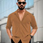 Combraided Men Striped Casual Brown Shirt