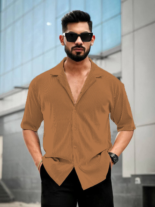 Combraided Men Striped Casual Brown Shirt