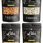 Lila Dry Fruits Combo Cashews, California Almonds, Golden Raisins & Dry Apricots (200 Gms X 4) Pouch Pack | Kaju, Badam, Kishmish, Khurmani Combo 800G | Healthy Breakfast | Snacks For Diet And Gifting