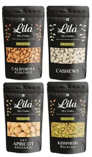 Lila Dry Fruits Combo Cashews, California Almonds, Golden Raisins & Dry Apricots (200 Gms X 4) Pouch Pack | Kaju, Badam, Kishmish, Khurmani Combo 800G | Healthy Breakfast | Snacks For Diet And Gifting