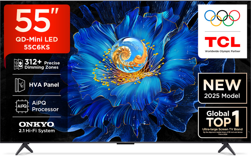 Tcl C6Ks 139 Cm (55 Inch) Ultra Hd (4K) Mini Led Smart Google Tv 2025 Edition With High Hdr Brightness | 312+ Dimming Zones | Aipq Processor | 40 W Dolby Atmos | Onkyo 2.1 Hi-Fi System(55C6Ks)