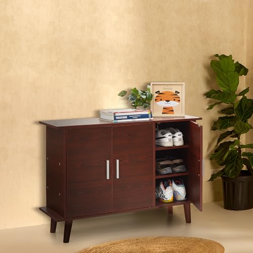 Green Soul Marina Pro | Engineered Wood Shoe Rack For Home With Wooden Legs | 3 Shelves, 3 Doors | Store Upto 12 Pair Of Shoes | 3 Year Warranty (Rosewood) | Installation Provided