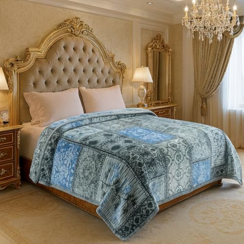 Bsb Home Super Soft Cloudy Printed Double Bed Blanket For Heavy Winter, Single Ply Mink Blanket King Size With 220 X 230 Cm – 3.5 Kg (Grey & Blue, Pack Of 1)