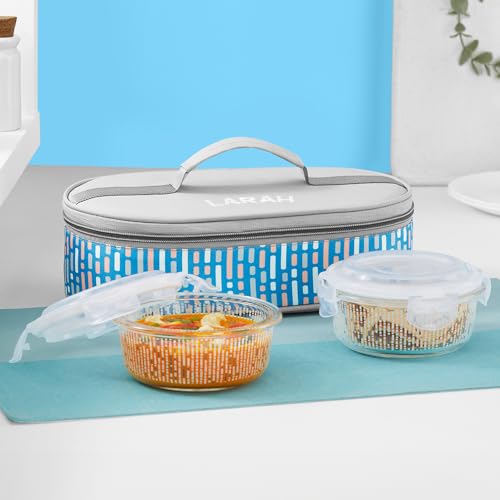 Larah Glassware Vogue Borosilicate Glass Lunchbox With Bag | 2Pc Round Container (400 Ml Each), Horizontal | Microwave & Dishwasher Safe, Leakproof | Tiffin For Office, School, College | Blue