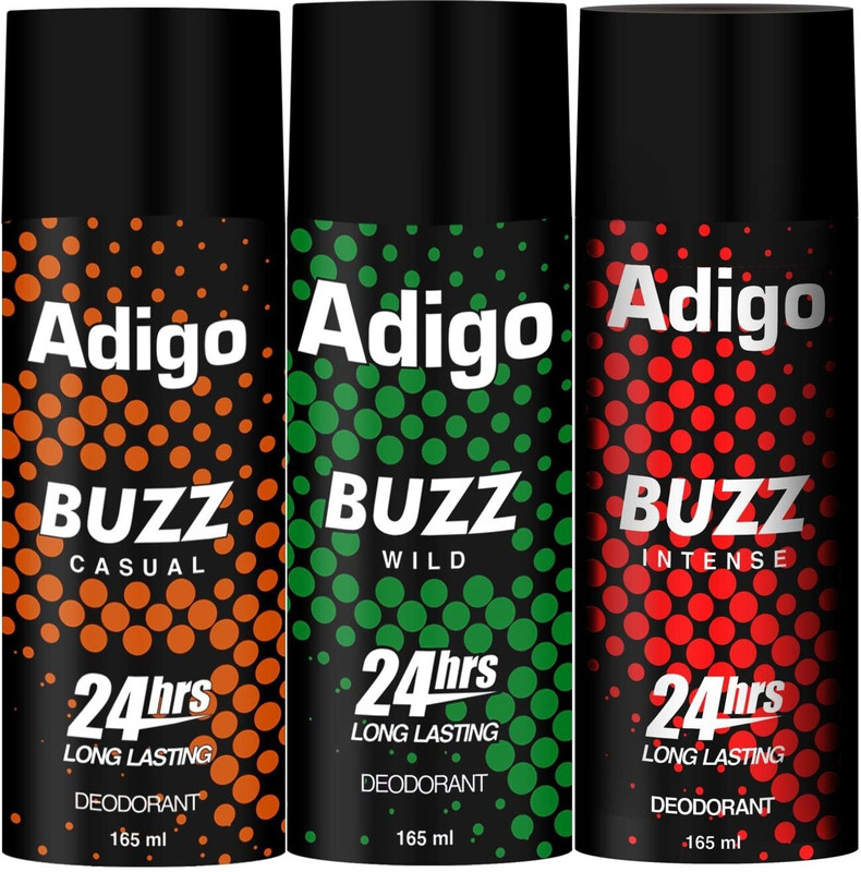 Adigo Buzz Wild| Casual | Intense 24Hrs Long Lasting Deodorant | 165Ml Each Deodorant Spray – For Men(165 Ml, Pack Of 3)