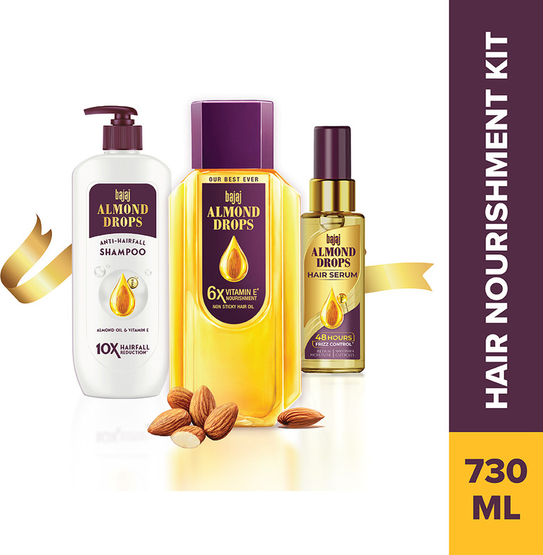 Bajaj Almond Drops Hair Nourishment Kit – Almond Drops Hair Oil 350Ml + Shampoo 340Ml + Serum 50Ml(3 Items In The Set)