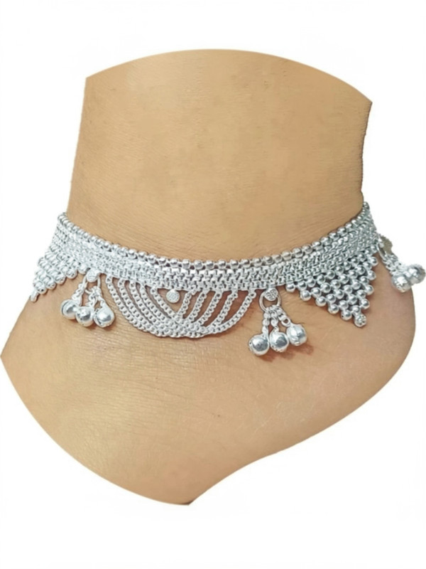 Rnk Creation 10.5 Inch Tradtional Silver Plated Tajmahal Anklet For Girls Or Women Silver Anklet(Pack Of 2)