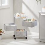 Amazon Brand – Solimo 360° Revolving 3 Layer Multipurpose Kitchen Trolley Rack With Wheels | Steel Square Organizer | For Fruit, Vegetable Storage | Preassembled | Matte Silver Finish | 31 X 61 Cm