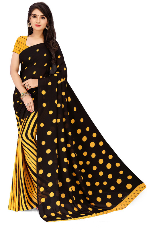 Anand Printed Daily Wear Georgette Saree(Black, Yellow)