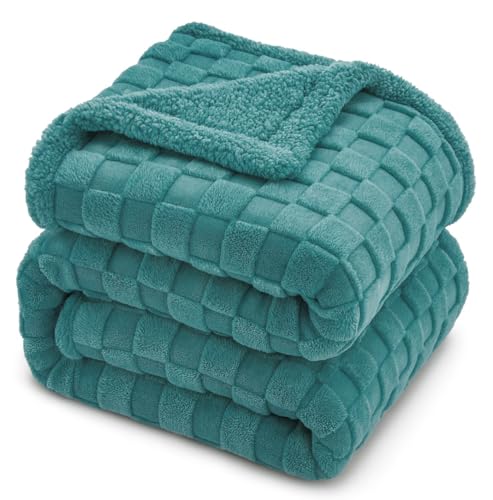 Vas Collections Reversible Sherpa Fleece/Flannel Blanket, 500 Gsm – Thick Fluffy 3D Checkered, Super-Soft, All-Season, Decorative Couch Or Bed Blanket (Aqua, Single (2200 G))